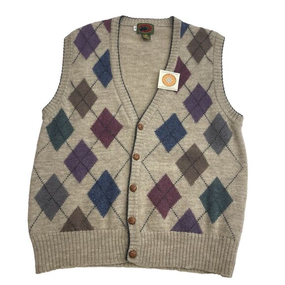 VTG Boston Trader Argyle Sweater Vest Men's XL Multicolor Wool Leather Buttons - Picture 1 of 9
